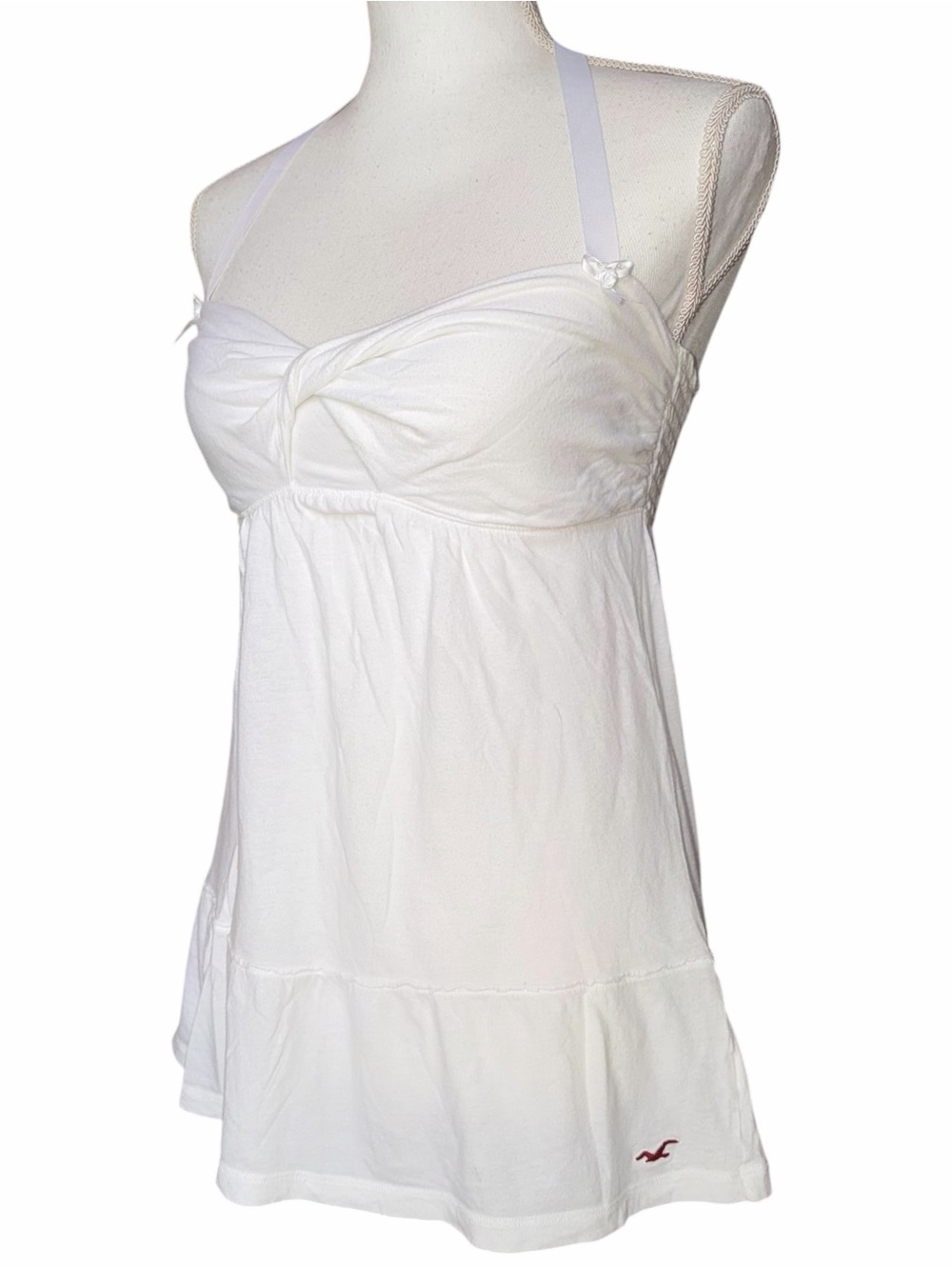 Y2K Hollister Babydoll White Ribbon Bow Halter Tie Top